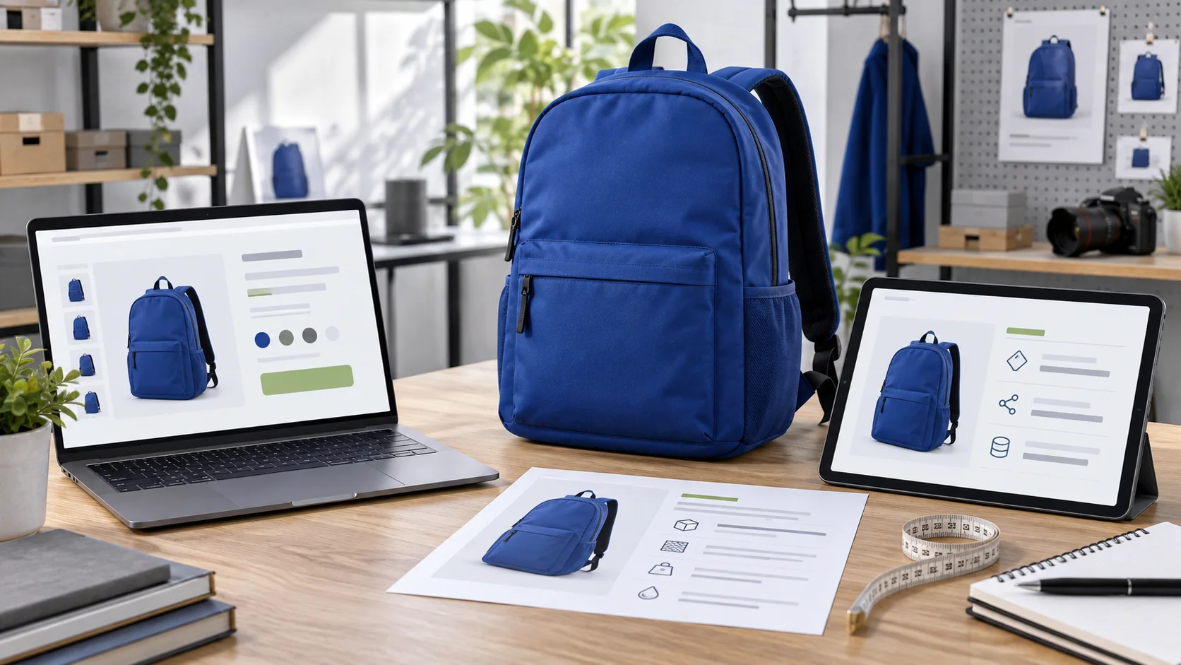 A blue backpack compared with product representations on a laptop, tablet and specification sheet