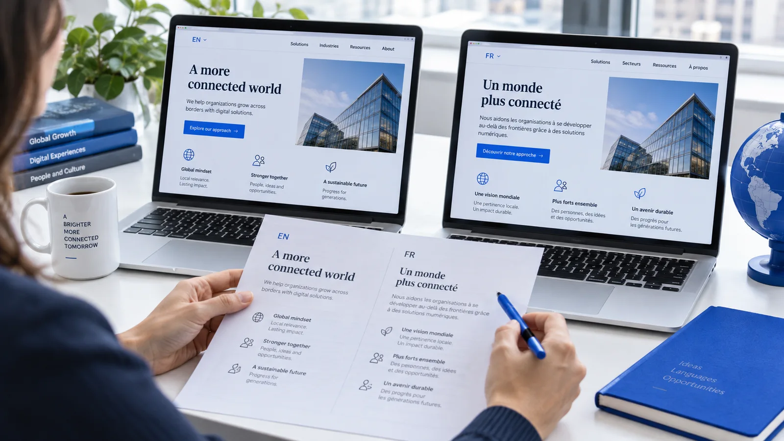 Two laptops showing illustrative English and French versions of the same website