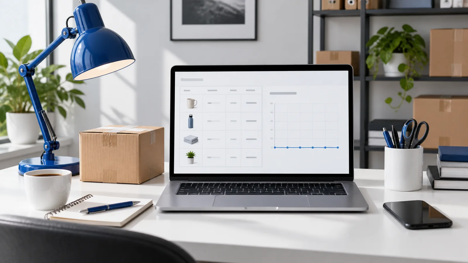 Blue desk lamp, shipping box and a laptop with an illustrative product list and flat chart