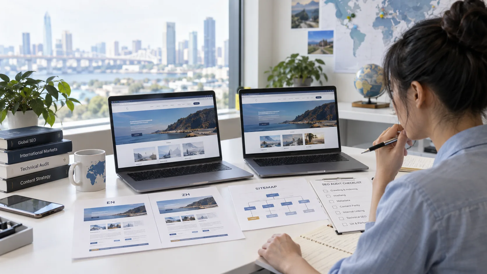 An analyst comparing English and Chinese page-pair audit evidence across two laptops and printed checklists