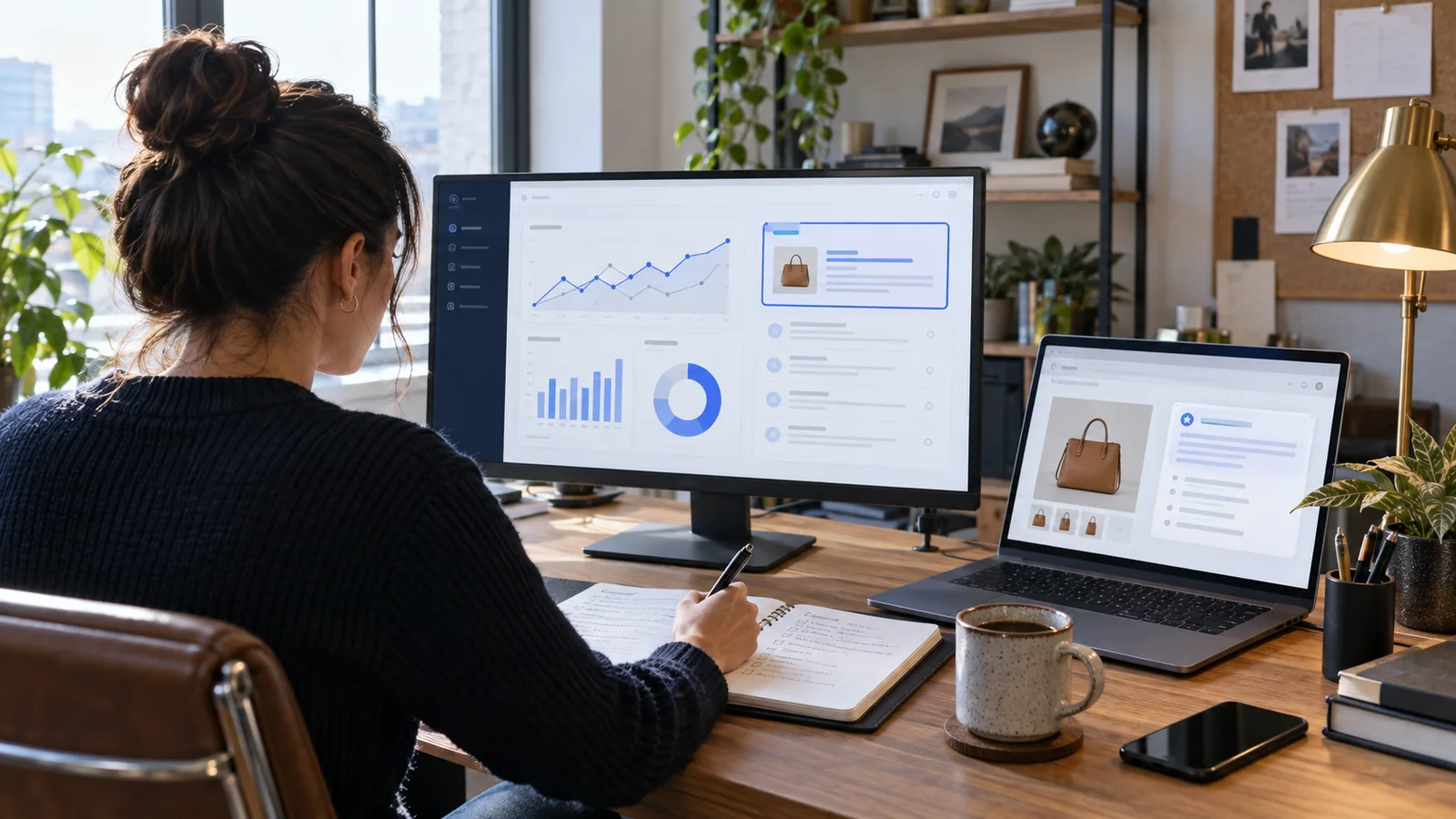 Ecommerce analyst comparing an analytics dashboard with a product page and recording evidence in a measurement ledger